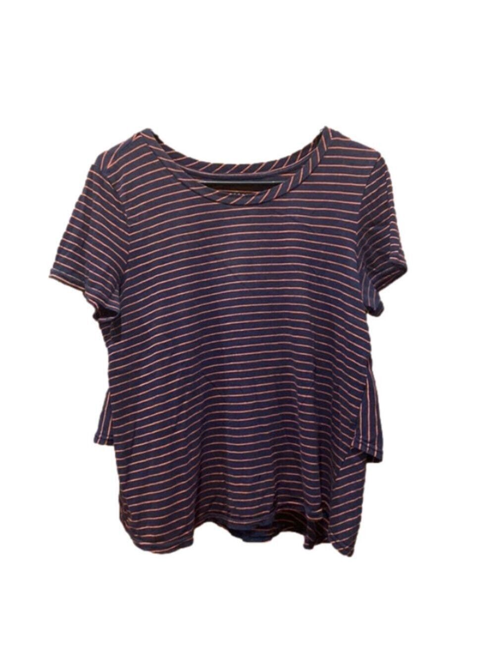 Anthropologie Navy and Red Striped Scoop Neck T-Shirt with Tiered Back